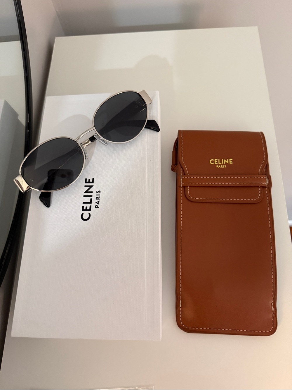 Celine Triomphe Oval Sunglasses Silver w/ Case & Dust Bag Black Lens - Picture 10 of 11